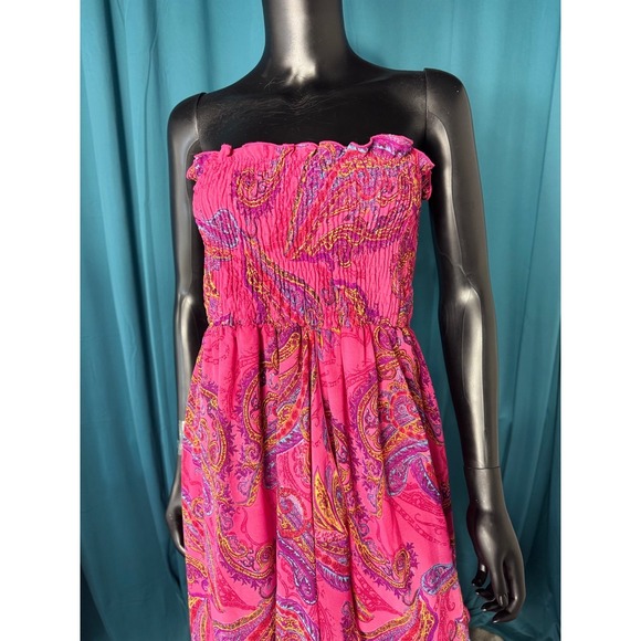 Snap Pink Paisley Strapless Dress High Low Hem Maxi Dress Summer Beach Cover LUp - Picture 2 of 10